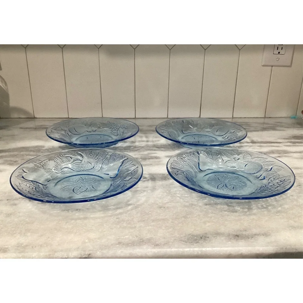 Set of 4 KIG Indonesia Poinsettia Blue Glass Plates Embossed Fruit 8.5